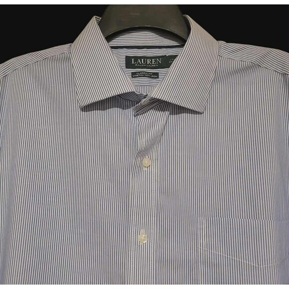 Mens Lauren Ralph Lauren Dress Shirt Blue White Pinstripe 17.5 34/35 Classic Fit - Picture 2 of 5